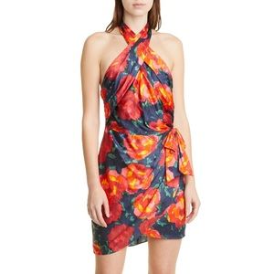 Cinq a Sept Trini Floral Print Halter Neck Silk Mini Dress